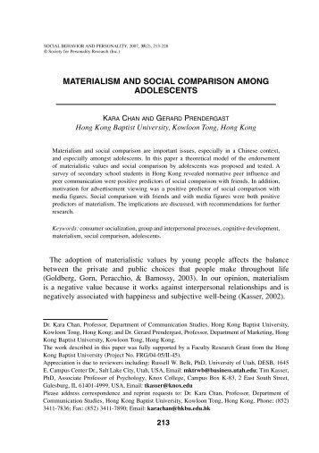 materialism and social comparison among adolescents - Hong Kong