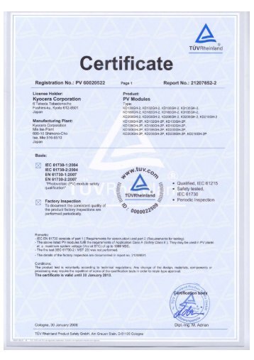 Certificate - Kyocera Solar