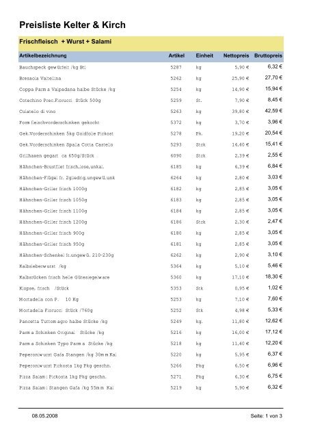 Preisliste Kelter & Kirch - Kelter und Kirch GmbH