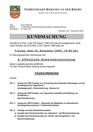 KUNDMACHUNG - Kematen an der Krems - Land OberÃ¶sterreich