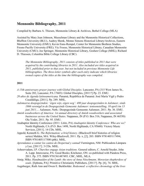 Mennonite Bibliography, 2011 - Bethel College