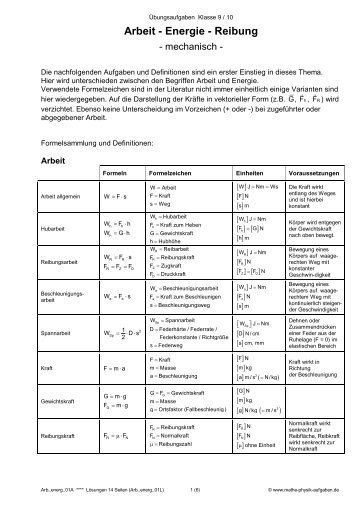 Arbeit - Energie - Reibung - Mathe-Physik-Aufgaben