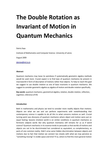 Dovel Rotation The Double Rotation as Invariant of Motion in Quantum Mechanics