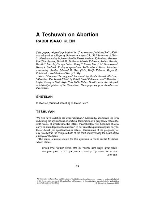 A Teshuvah on Abortion - The Rabbinical Assembly