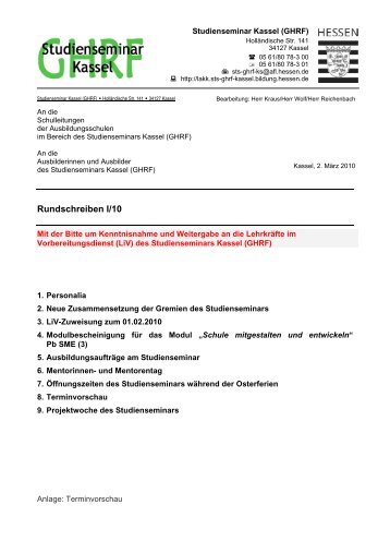 Rundschreiben I/10 - Studienseminar Kassel (GHRF) - Hessen