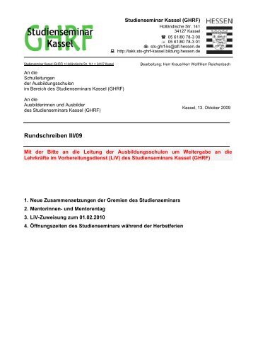 Rundschreiben III/09 - Studienseminar Kassel (GHRF) - Hessen