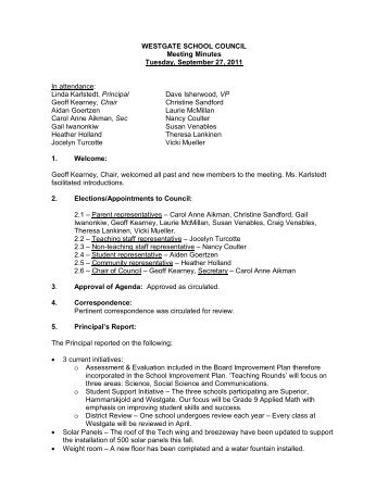 WESTGATE SCHOOL COUNCIL Meeting Minutes Tuesday ...