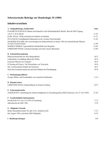 Schweizerische Beiträge zur Dendrologie 35 (1985) Inhaltsverzeichnis