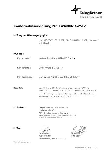 Konformitätserklärung Nr. EWA30067-25T2 - Telegärtner
