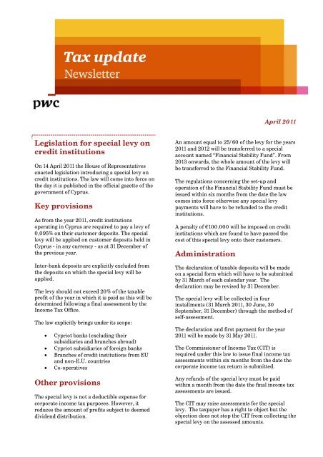 Legislation for special levy on credit institutions Key ... - PwC Cyprus