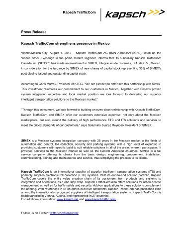 Kapsch TrafficCom Press Release Kapsch TrafficCom ... - Kapsch AG