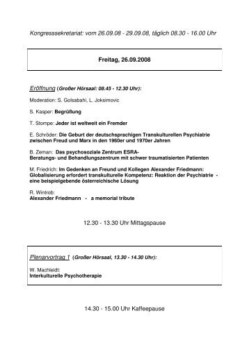 Programmübersicht Kongress Wien - Transkulturelle Psychiatrie