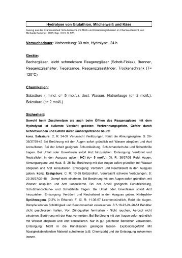 Hydrolyse von Glutathion, Milcheiweiß und Käse Versuchsdauer ...