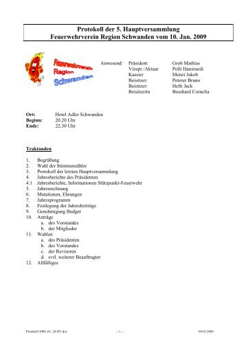 Protokoll Hauptversammlung - Feuerwehrverein Region Schwanden