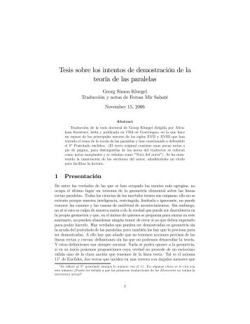 Tesis sobre los intentos de demostración de la teoría de las paralelas