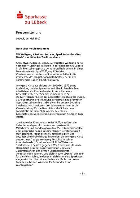 Verabschiedung Wolfgang Kärst - Sparkasse zu Lübeck