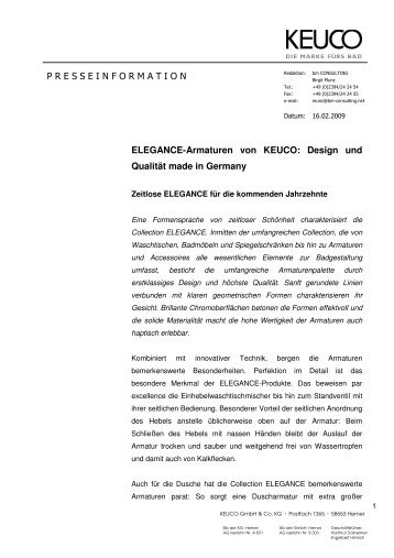 PRESSEINFORMATION ELEGANCE-Armaturen von KEUCO