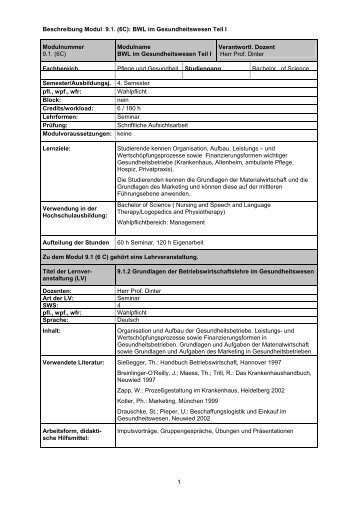 1 Beschreibung Modul 9.1. (6C): BWL im Gesundheitswesen Teil I ...