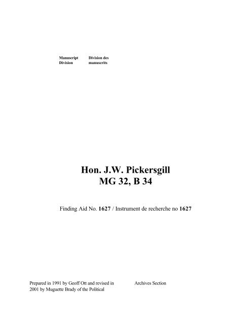 Hon. J.W. Pickersgill MG 32, B 34 - Bibliothèque et Archives Canada