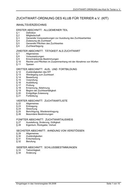 ZUCHTWART-ORDNUNG DES KLUB FÜR TERRIER e.V. (KfT)