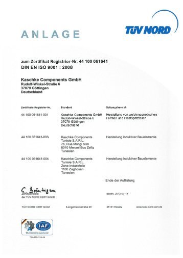 TÜV-Zertifikat (ISO 9001) - Kaschke Components GmbH