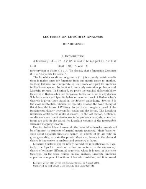 LECTURES ON LIPSCHITZ ANALYSIS 1. Introduction A function f ...