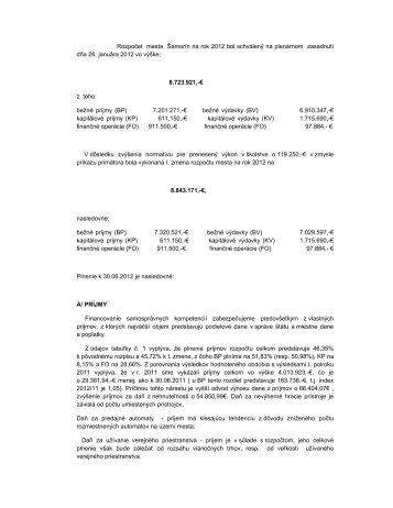 Vyhodnotenie rozpočtu mesta na rok 2012 - Mesto Šamorín