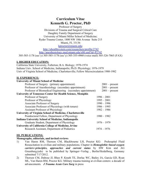 Curriculum Vitae Kenneth G. Proctor, PhD - Physicians Database ...