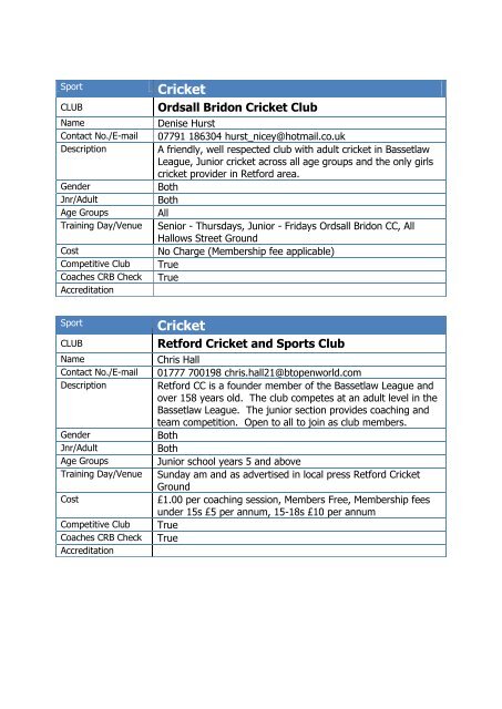 Bassetlaw Sports Club Directory 2011 - Bassetlaw District Council