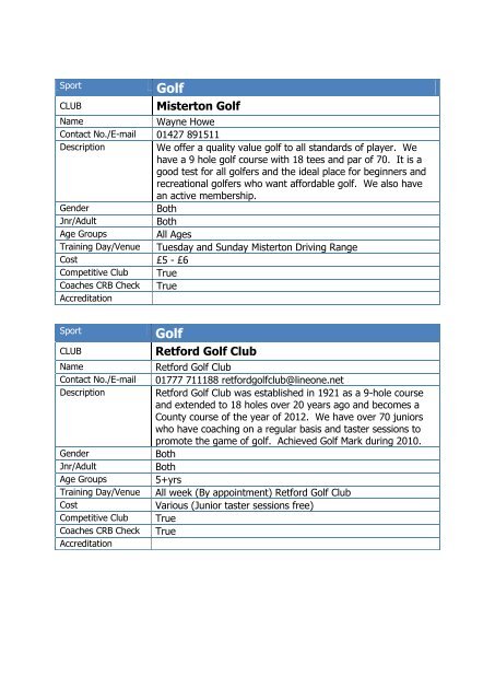 Bassetlaw Sports Club Directory 2011 - Bassetlaw District Council