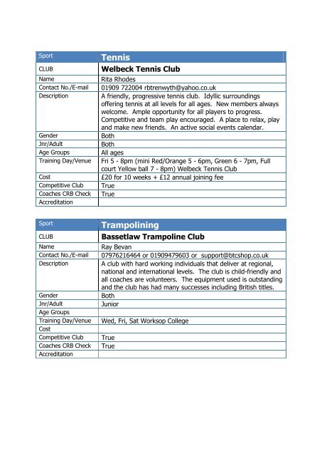 Bassetlaw Sports Club Directory 2011 - Bassetlaw District Council