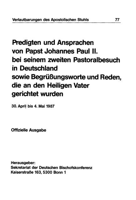 Predigten Und Ansprachen Von Papst Johannes Paul Ii Bei Seinem