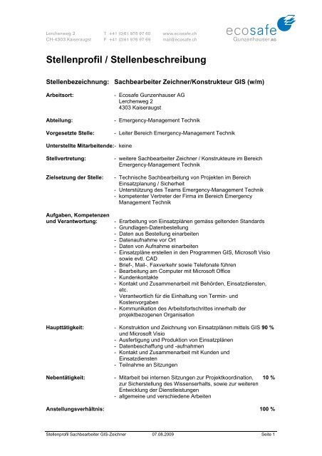 Stellenprofil / Stellenbeschreibung - ecosafe Gunzenhauser AG