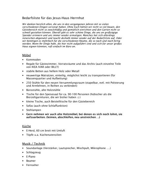 Bedarfsliste Fur Das Jesus Haus Herrnhut