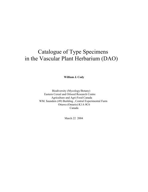 Catalogue of Type Specimens in the Vascular Plant - Agriculture et ...