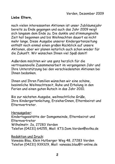 KINDERGARTEN- ZEITUNG Dezember 2009 - Domgemeinde Verden