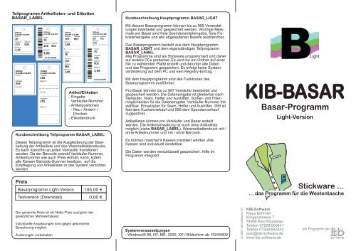 Programminhalt KIB-BASAR Light-Version A - KIB-Software