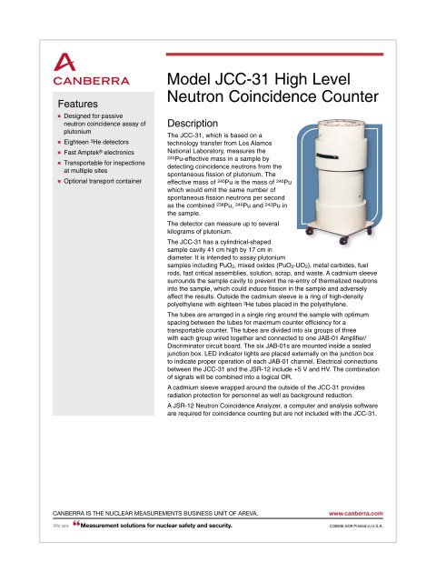 Model JCC-31 High Level Neutron Coincidence Counter Data Sheet