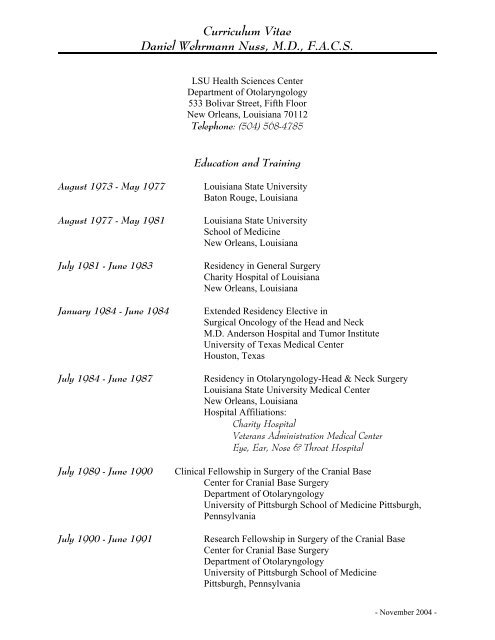 Curriculum Vitae Daniel Wehrmann Nuss, M.D., F.A.C.S. - School of ...