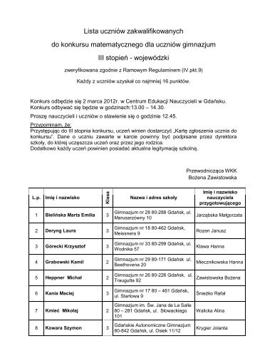 Lista uczniów zakwalifikowanych do konkursu matematycznego dla ...