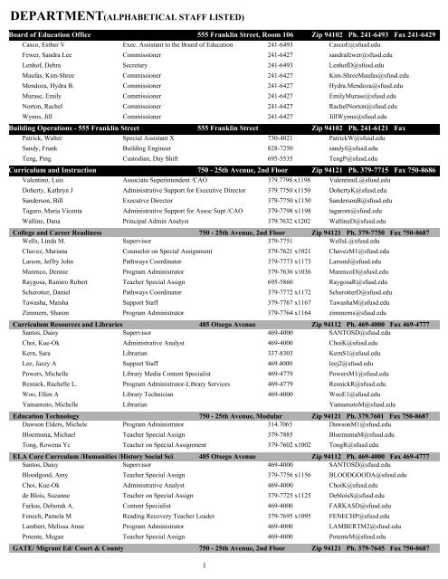 DEPARTMENT(ALPHABETICAL STAFF LISTED) - SFUSD: Home