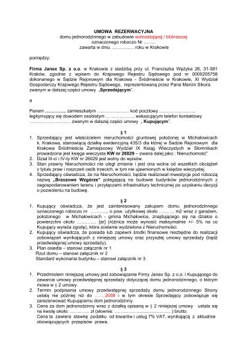 UMOWA REZERWACYJNA domu jednorodzinnego w ... - Janex
