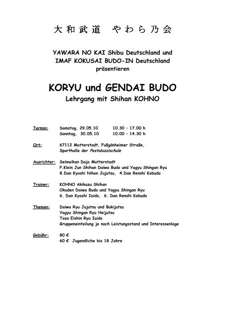 KORYU und GENDAI BUDO Lehrgang mit Shihan KOHNO