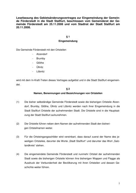 Gebietsänderungsvertrag zur Eingliederung der ... - Stadt Staßfurt
