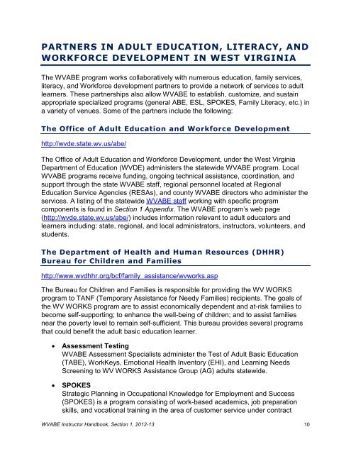 Section 1 West Virginia Adult Basic Education: Programs and ...