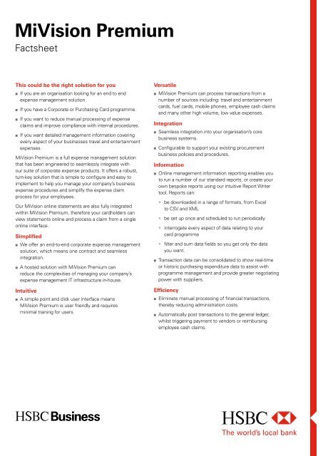 MiVision Premium factsheet - Business banking - HSBC