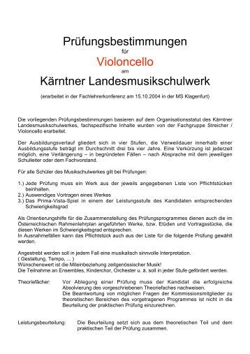 Prüfungsbestimmungen Violoncello Kärntner Landesmusikschulwerk