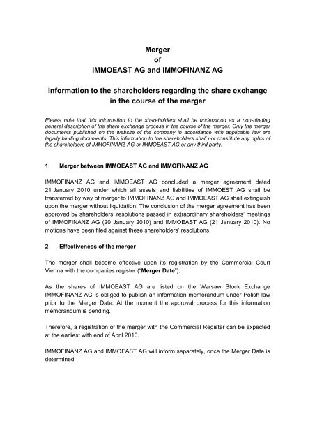 Merger of IMMOEAST AG and IMMOFINANZ AG Information to the ...