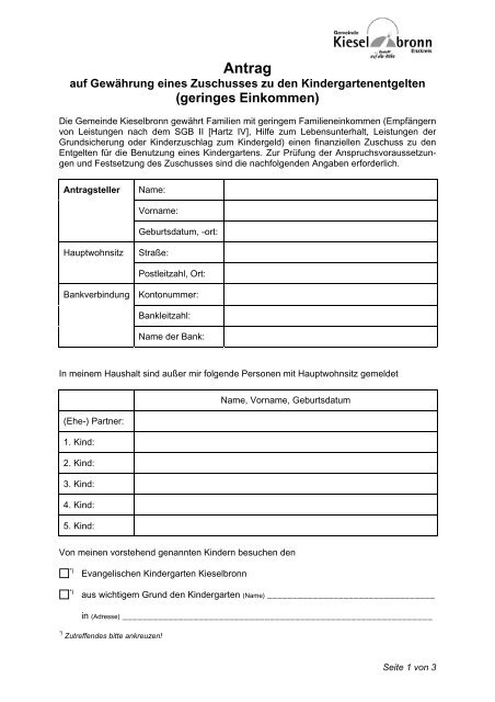 Antragsformular Kindergartenzuschuss bei geringem - Kieselbronn