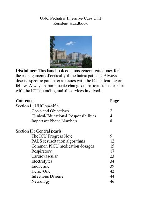 UNC Pediatric Intensive Care Unit Resident Handbook - Pediatrics